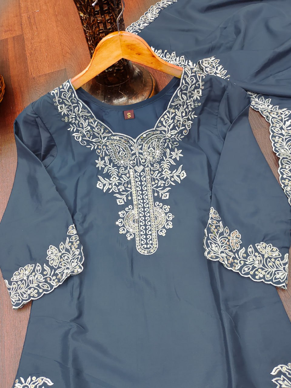 Prazu Fashion Dark Sky Blue Crepe Silk Embroidered Palazzo Suit - Distacart