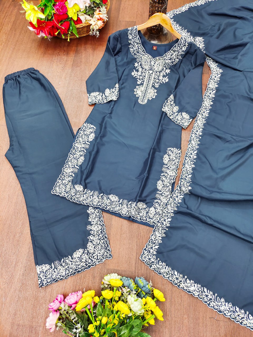 Prazu Fashion Dark Sky Blue Crepe Silk Embroidered Palazzo Suit - Distacart