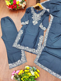 Prazu Fashion Dark Sky Blue Crepe Silk Embroidered Palazzo Suit - Distacart