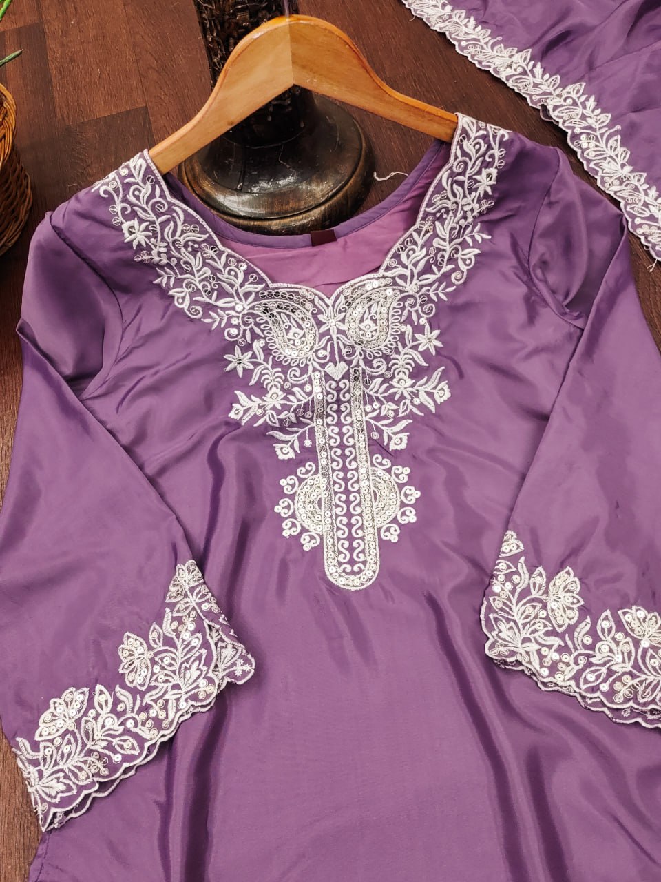 Prazu Fashion Light Lavender Crepe Silk Embroidered Palazzo Suit - Distacart