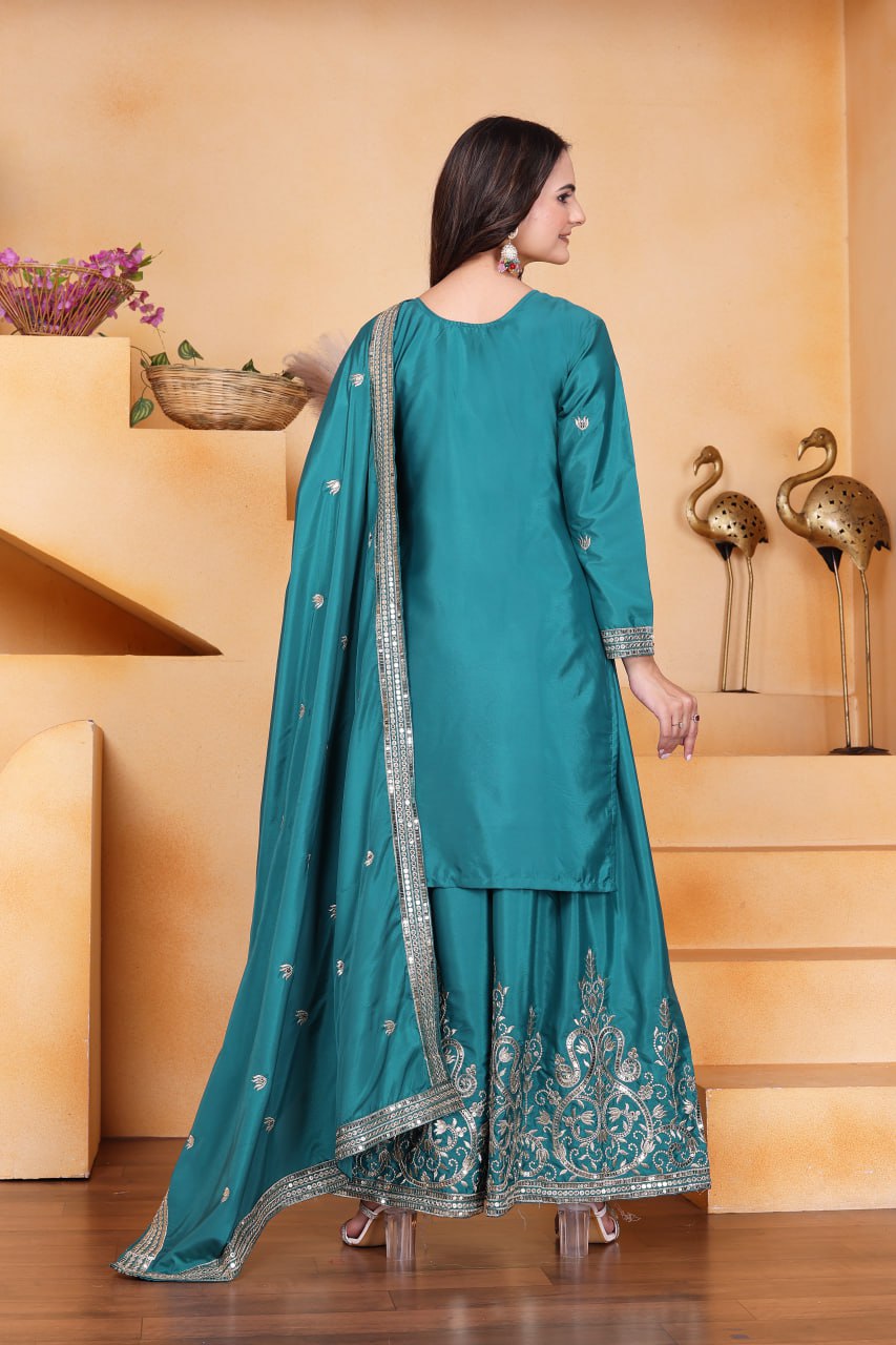 Prazu Fashion Rama Green Crepe Silk Embroidered Sharara Suit - Distacart