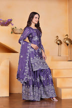 Prazu Fashion Purple Chinon Silk Sequin Embroidered Sharara Suit - Distacart