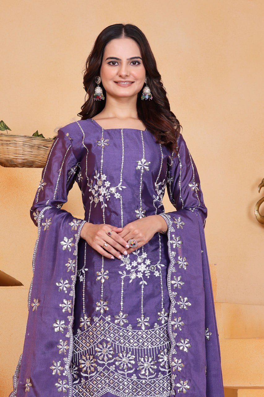 Prazu Fashion Purple Chinon Silk Sequin Embroidered Sharara Suit - Distacart