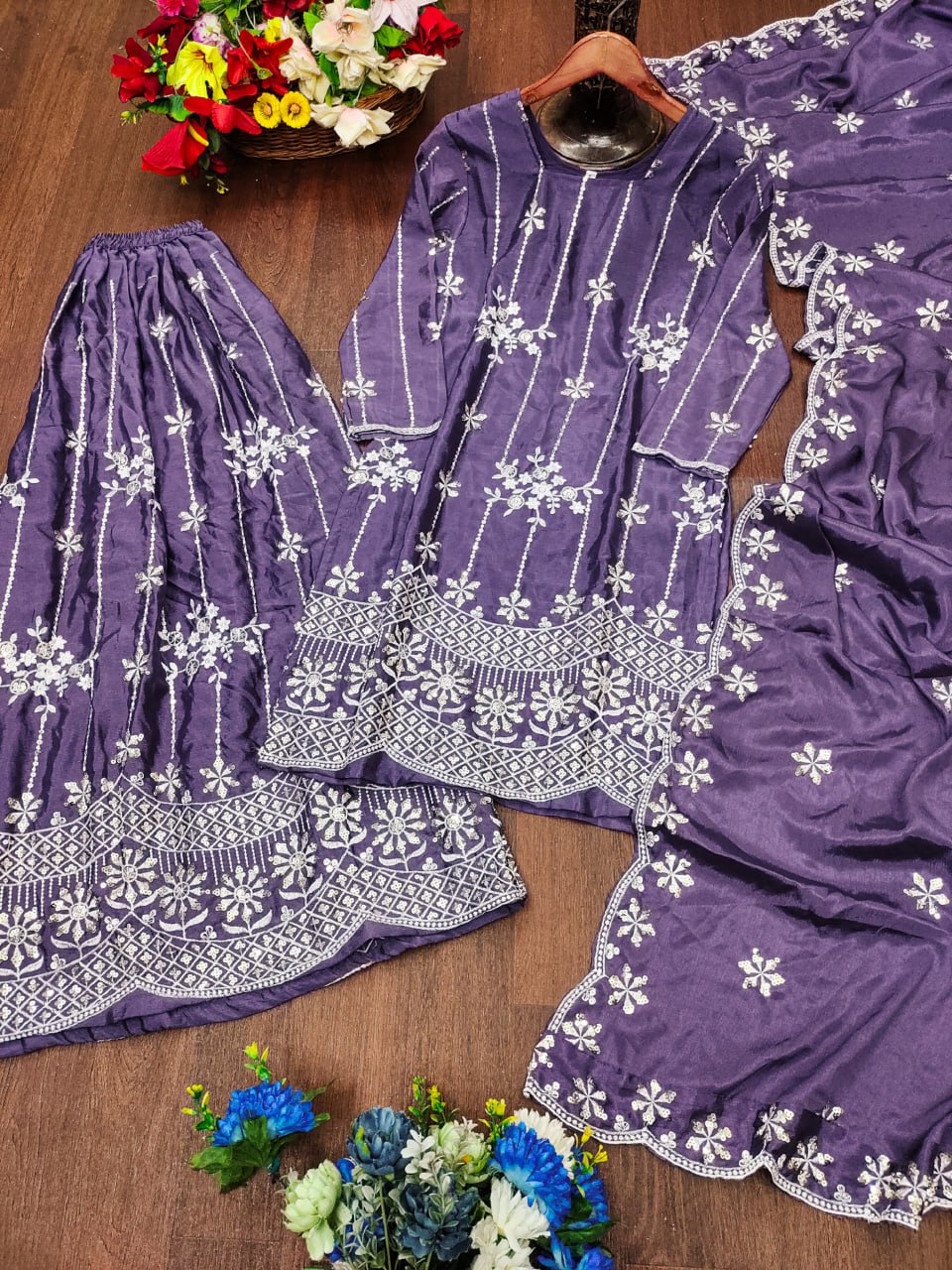 Prazu Fashion Purple Chinon Silk Sequin Embroidered Sharara Suit - Distacart