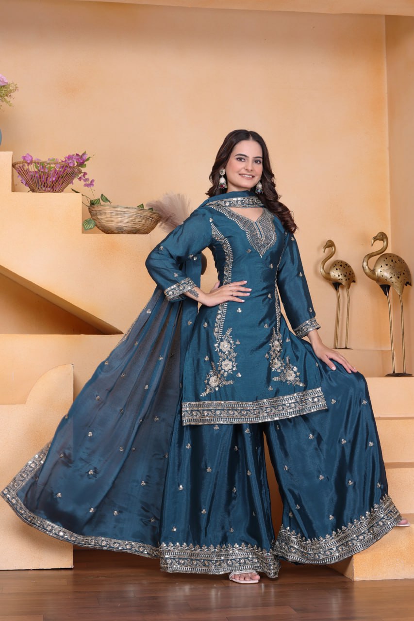 Prazu Fashion Rama Chinon Silk Sequin Embroidered Sharara Suit - Distacart