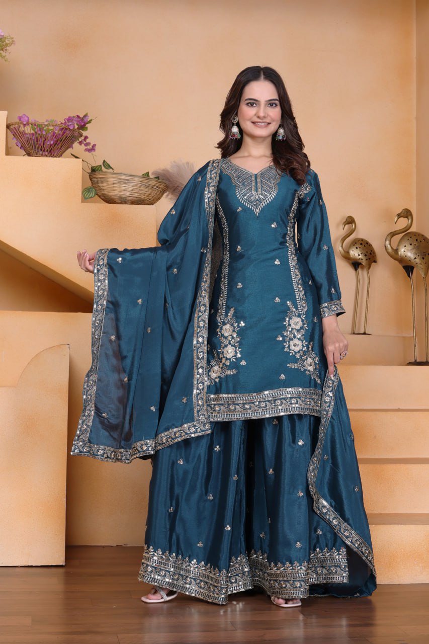 Prazu Fashion Rama Chinon Silk Sequin Embroidered Sharara Suit - Distacart