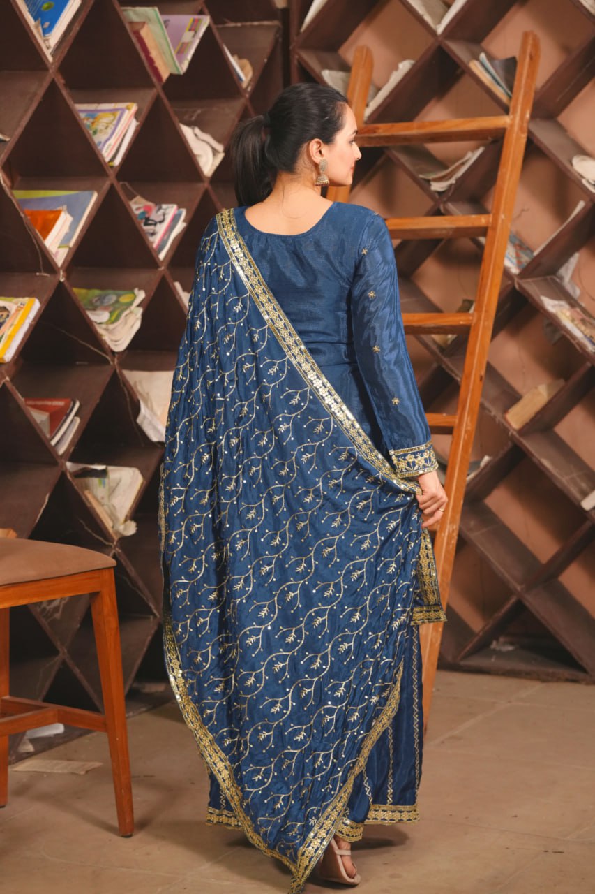 Prazu Fashion Blue Chinon Silk Sequin Embroidered Sharara Suit - Distacart