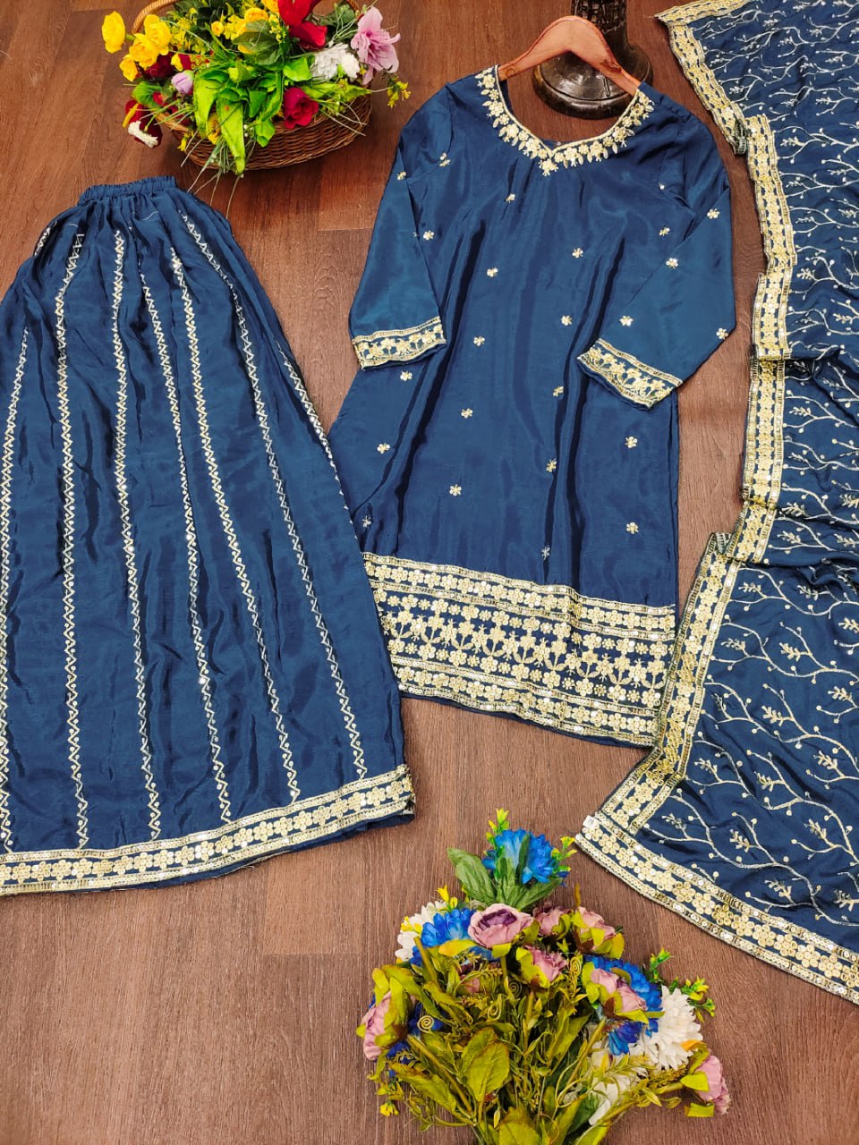 Prazu Fashion Blue Chinon Silk Sequin Embroidered Sharara Suit - Distacart