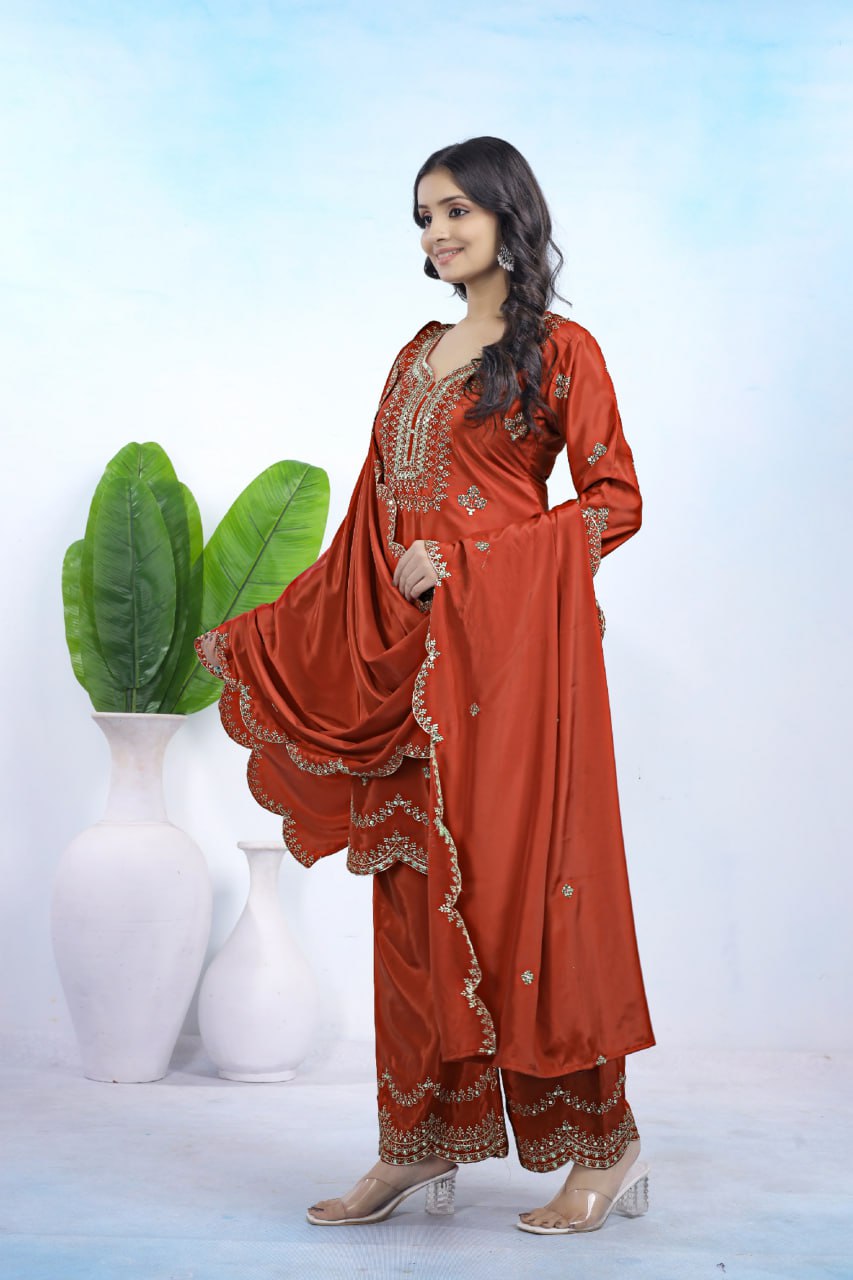 Lehenga Mart Designer Ready To Wear Kurta Pant With Dupatta For Women-Rust Orange - Distacart