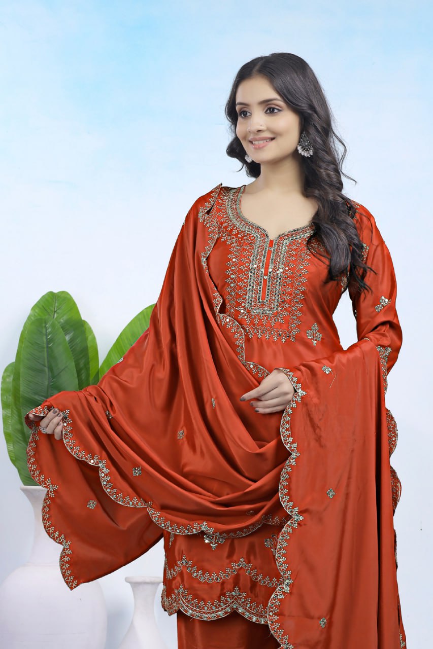 Prazu Fashion Rust Orange Crepe Sequence With Embroidered Salwar Suit - Distacart
