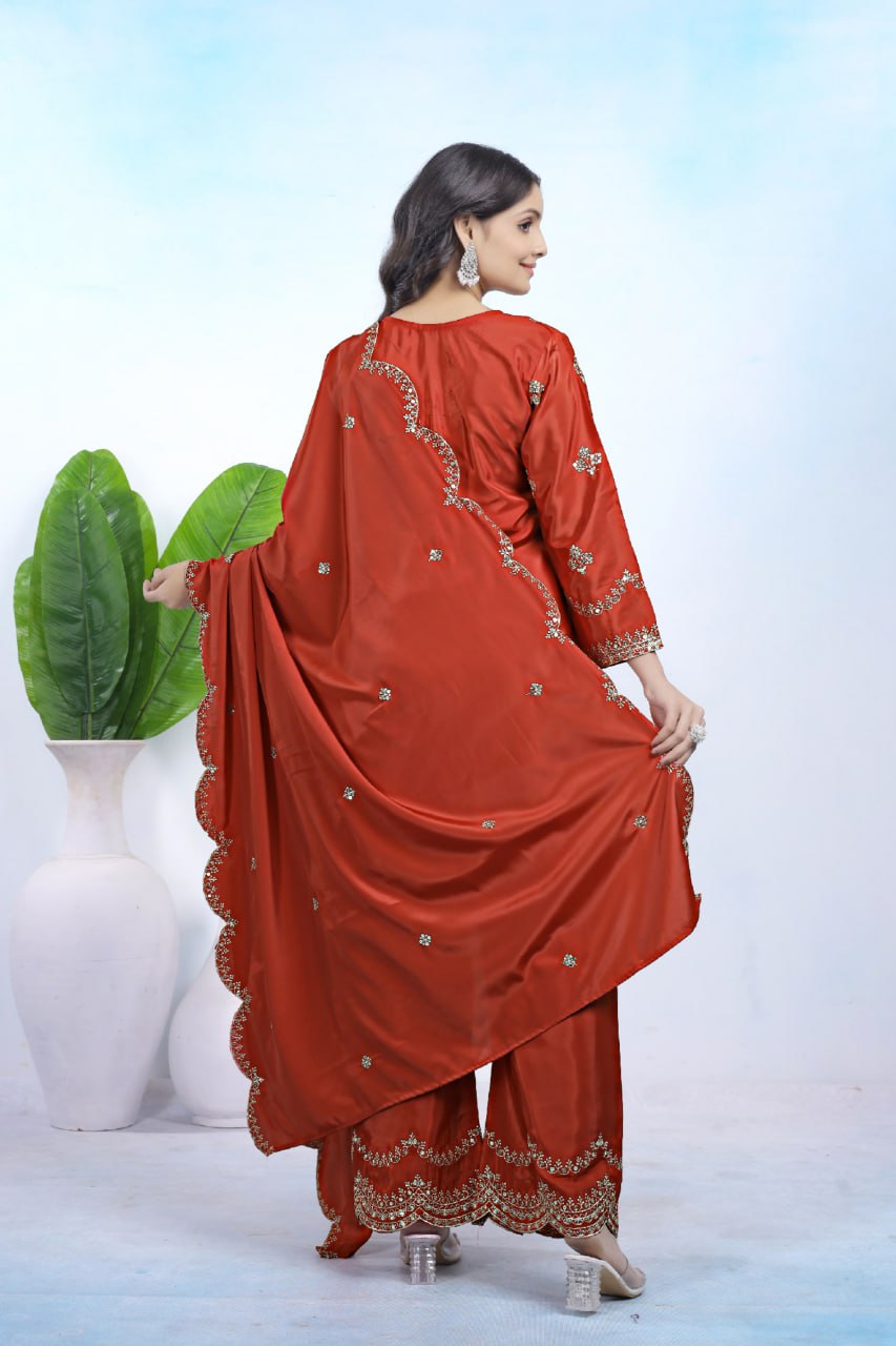 Prazu Fashion Rust Orange Crepe Sequence With Embroidered Salwar Suit - Distacart