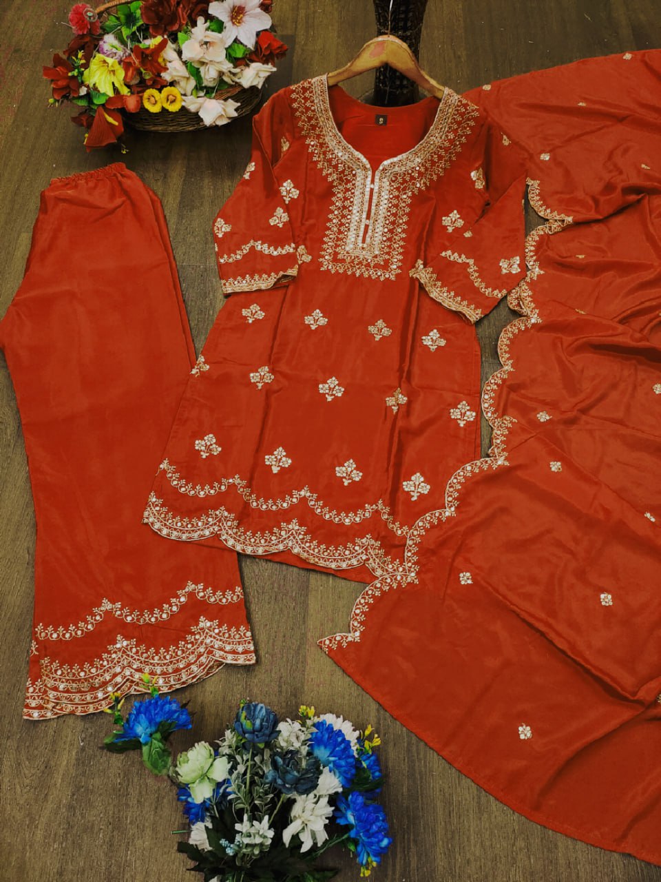 Prazu Fashion Rust Orange Crepe Sequence With Embroidered Salwar Suit - Distacart