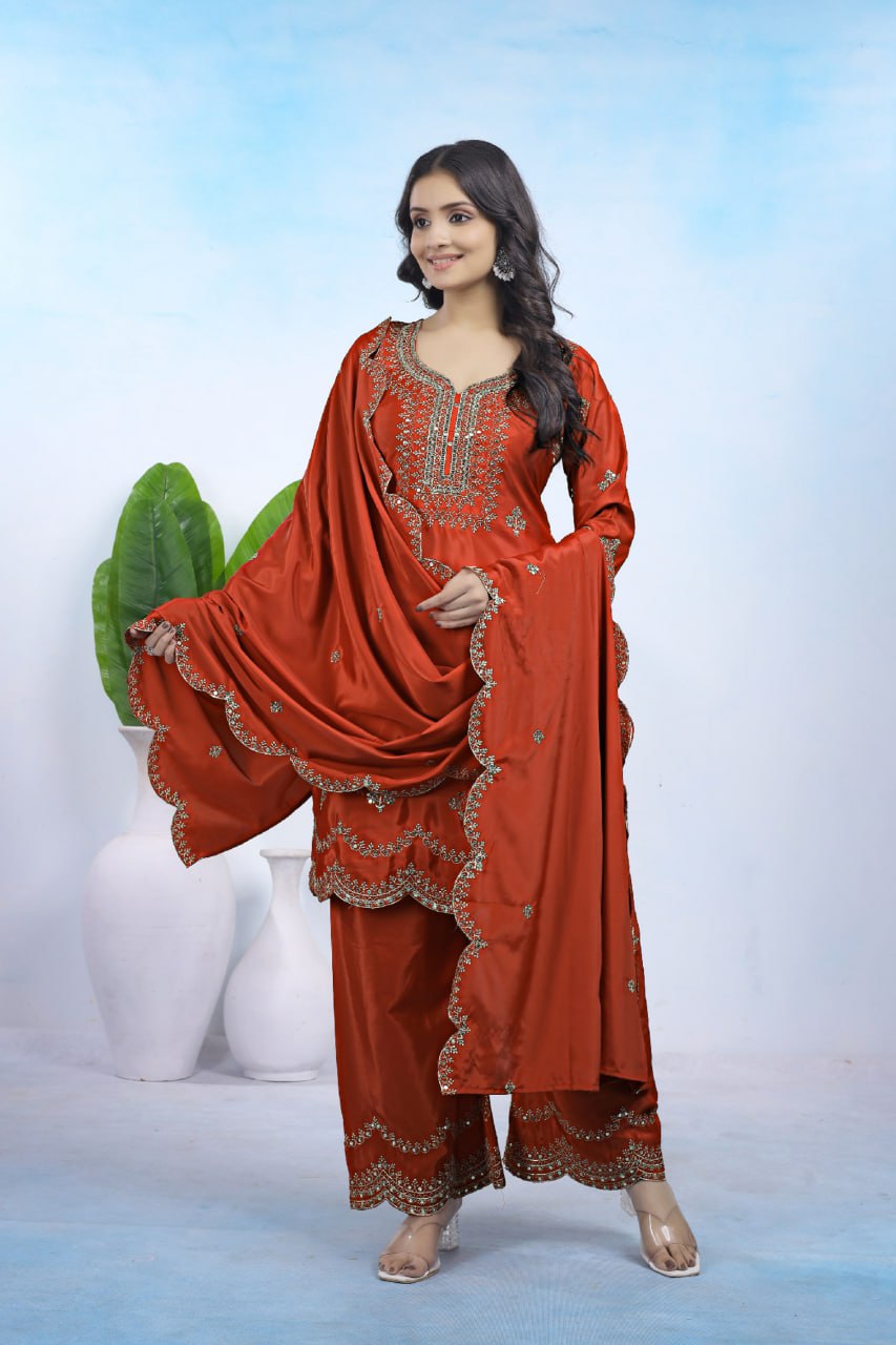 Prazu Fashion Rust Orange Crepe Sequence With Embroidered Salwar Suit - Distacart