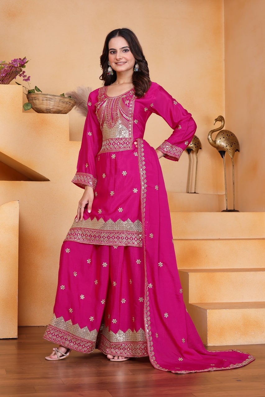 Lehenga Mart Designer Chinnon Embroidered Sharara Suit-Pink - Distacart