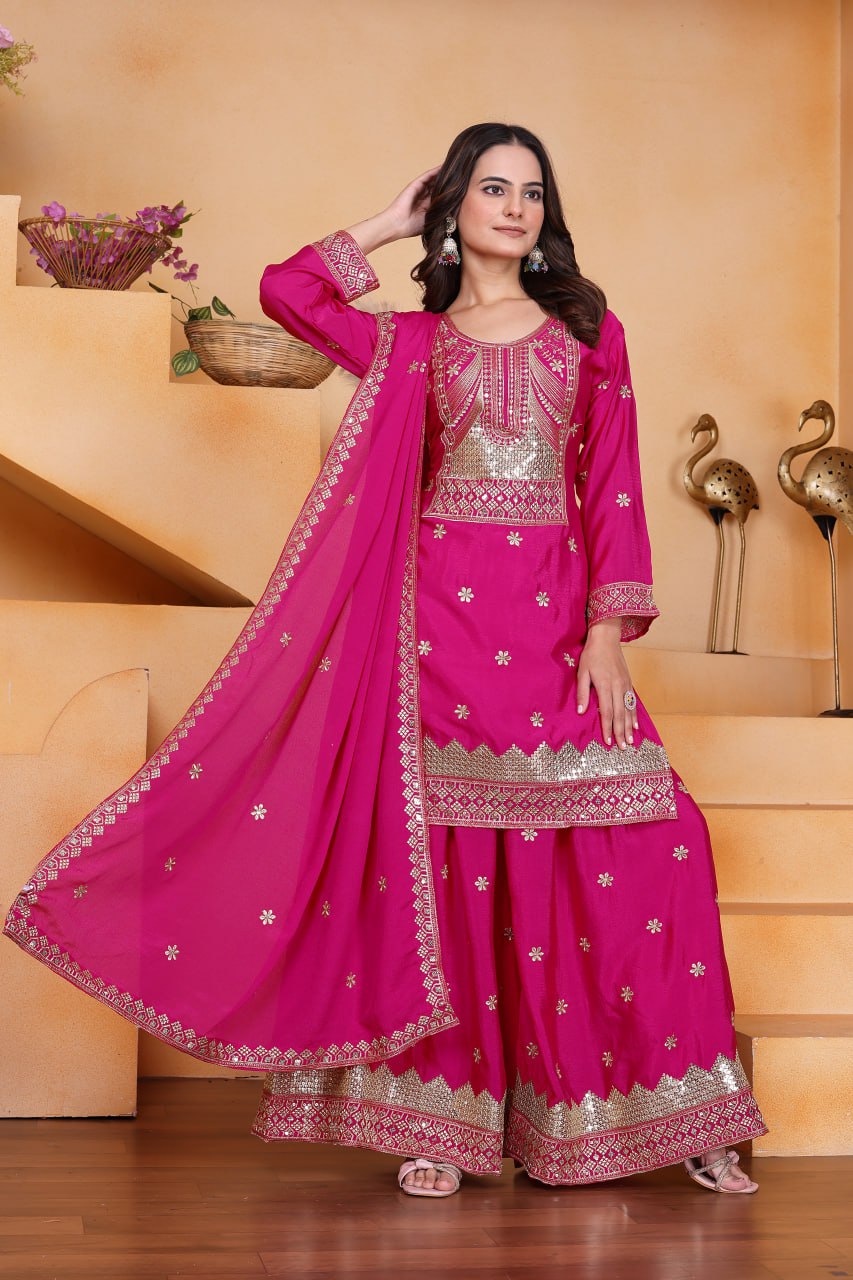 Lehenga Mart Designer Chinnon Embroidered Sharara Suit-Pink - Distacart