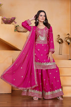 Lehenga Mart Designer Chinnon Embroidered Sharara Suit-Pink - Distacart