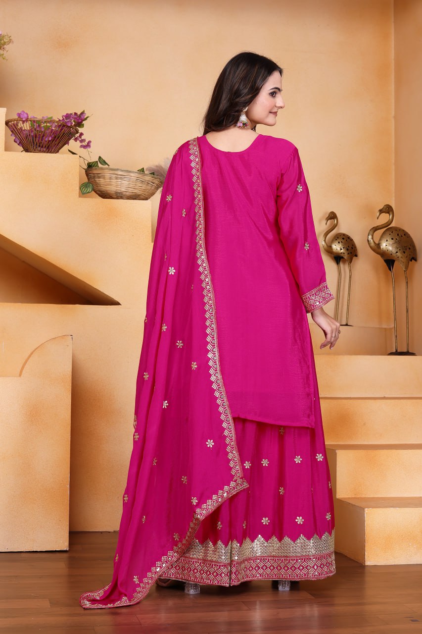 Lehenga Mart Designer Chinnon Embroidered Sharara Suit-Pink - Distacart