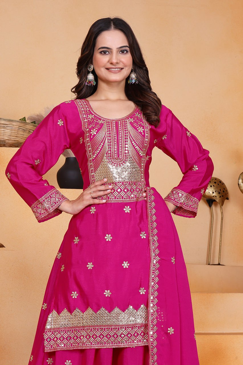 Prazu Fashion Pink Chinon Silk Sequin Embroidered Sharara Suit - Distacart
