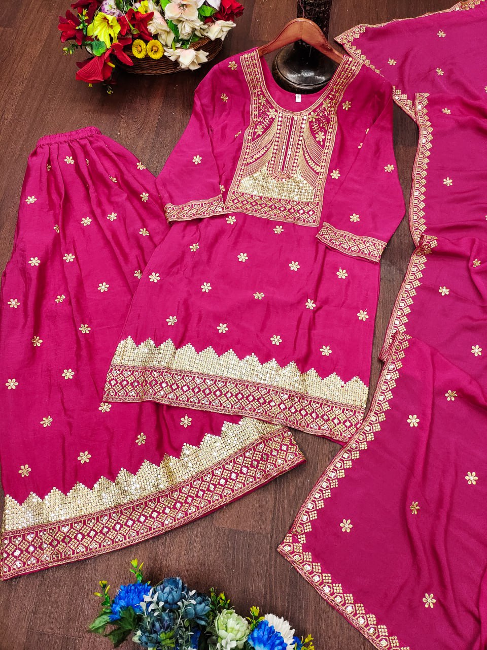 Prazu Fashion Pink Chinon Silk Sequin Embroidered Sharara Suit - Distacart