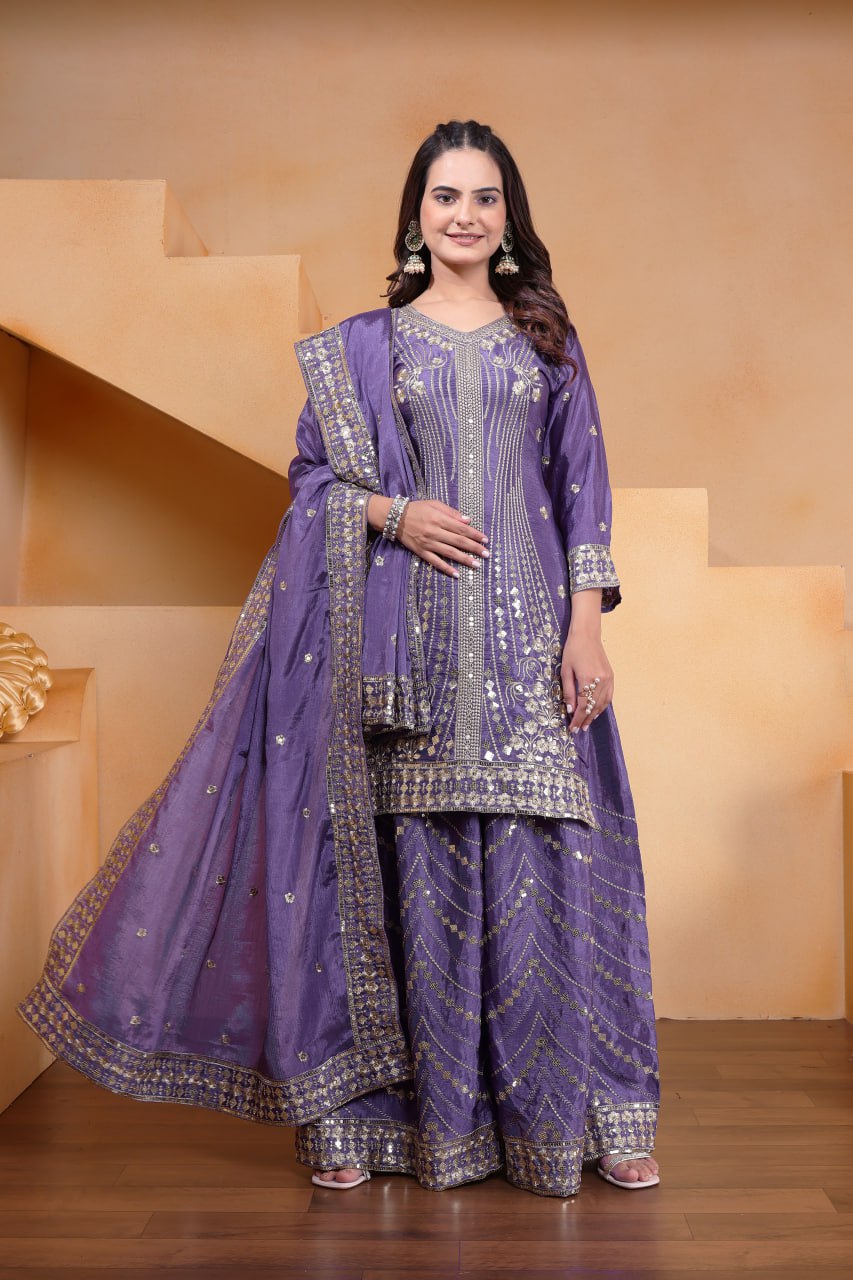 Lehenga Mart Designer Chinnon Embroidered Sharara Suit-Blue - Distacart