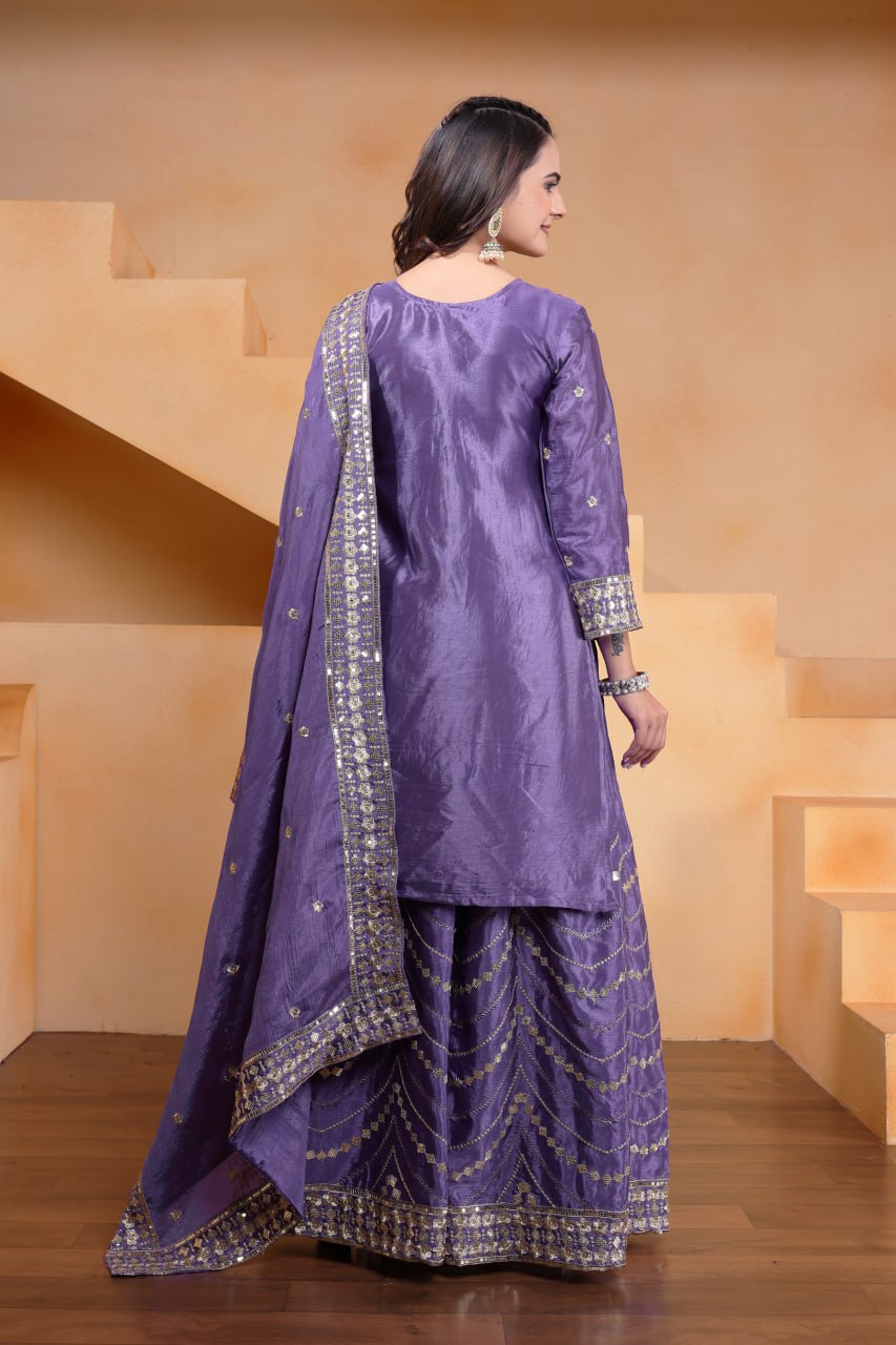 Lehenga Mart Designer Chinnon Embroidered Sharara Suit-Blue - Distacart