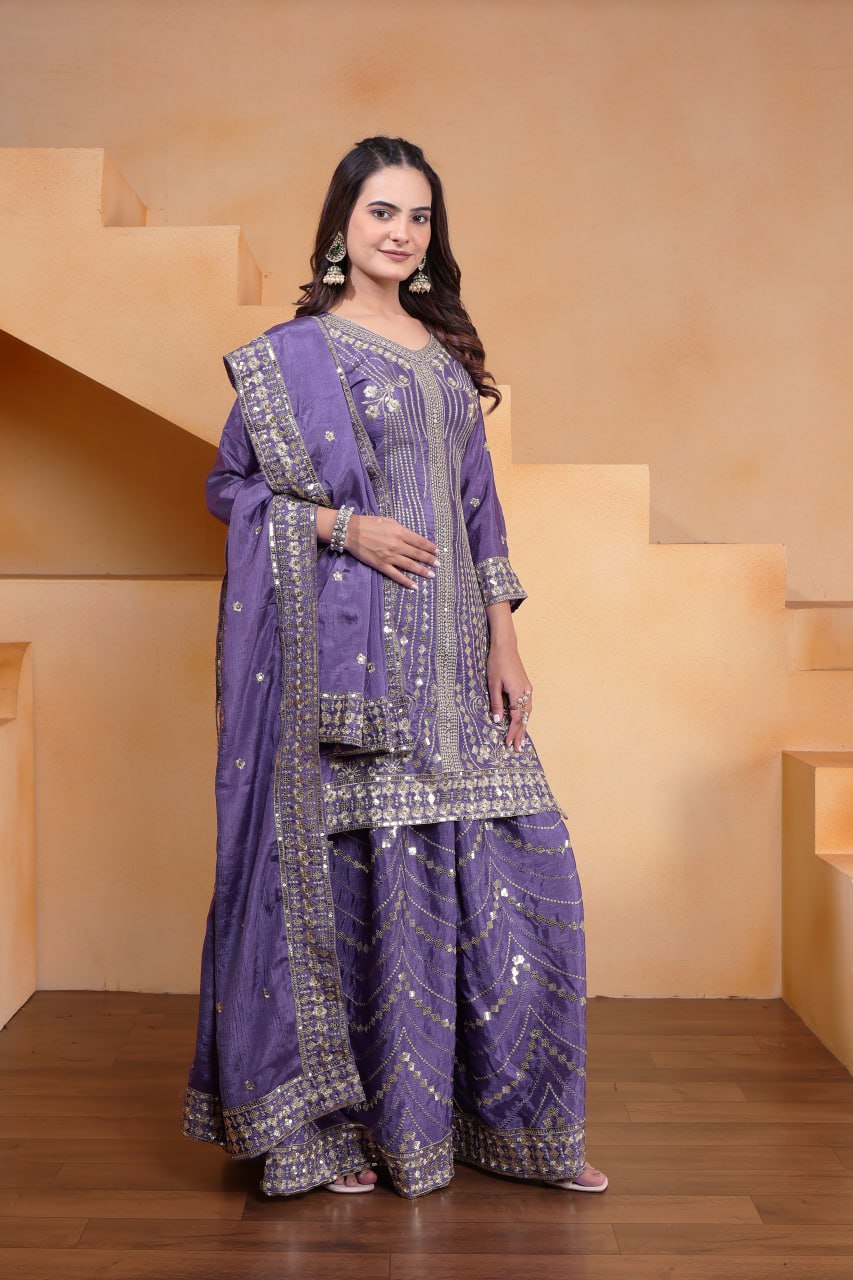 Prazu Fashion Lavender Chinon Silk Sequin Embroidered Sharara Suit - Distacart