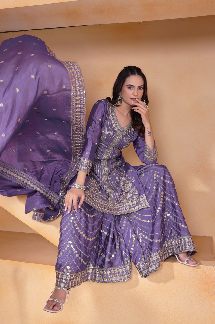Prazu Fashion Lavender Chinon Silk Sequin Embroidered Sharara Suit - Distacart