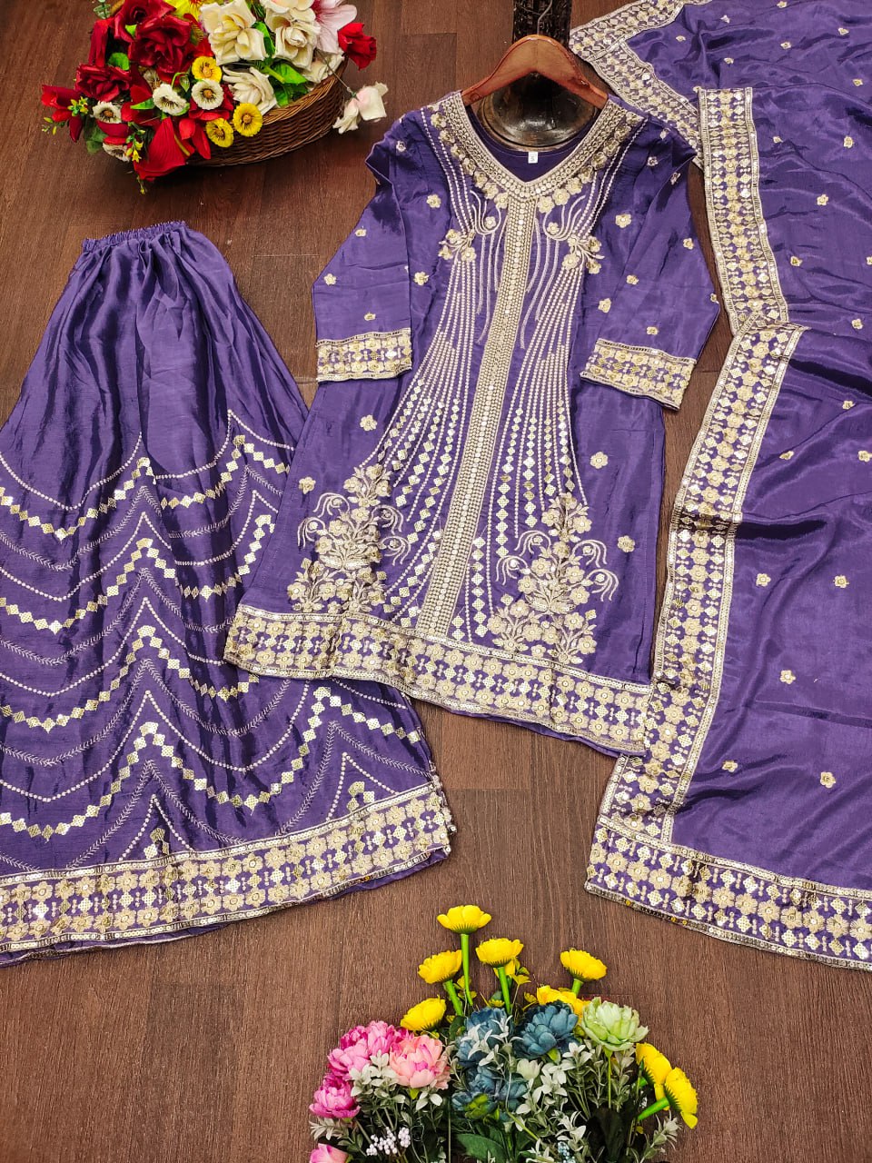 Prazu Fashion Lavender Chinon Silk Sequin Embroidered Sharara Suit - Distacart