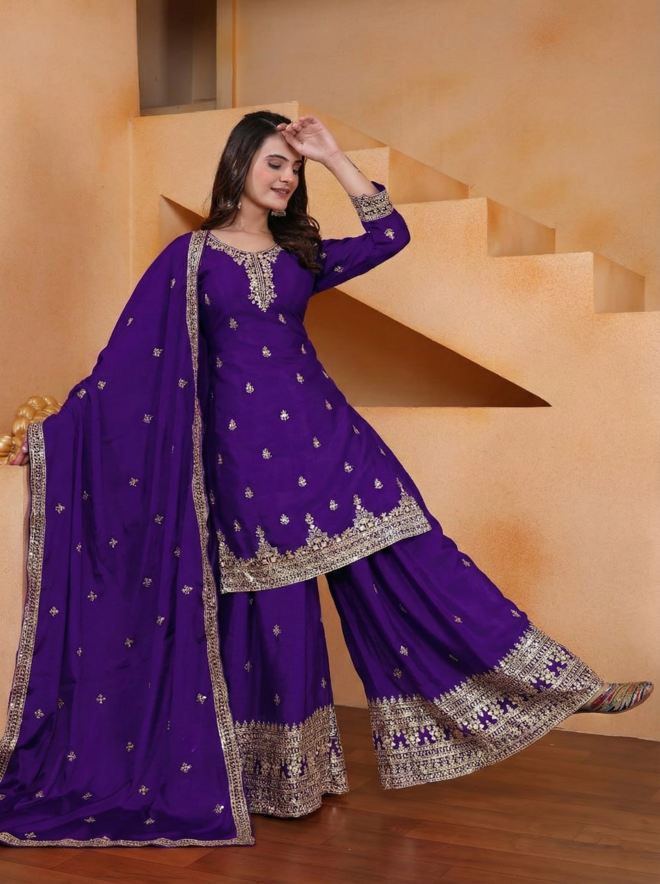 Lehenga Mart Designer Chinnon Embroidered Sharara Suit-Blue - Distacart
