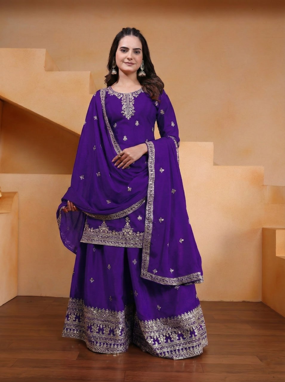 Lehenga Mart Designer Chinnon Embroidered Sharara Suit-Blue - Distacart