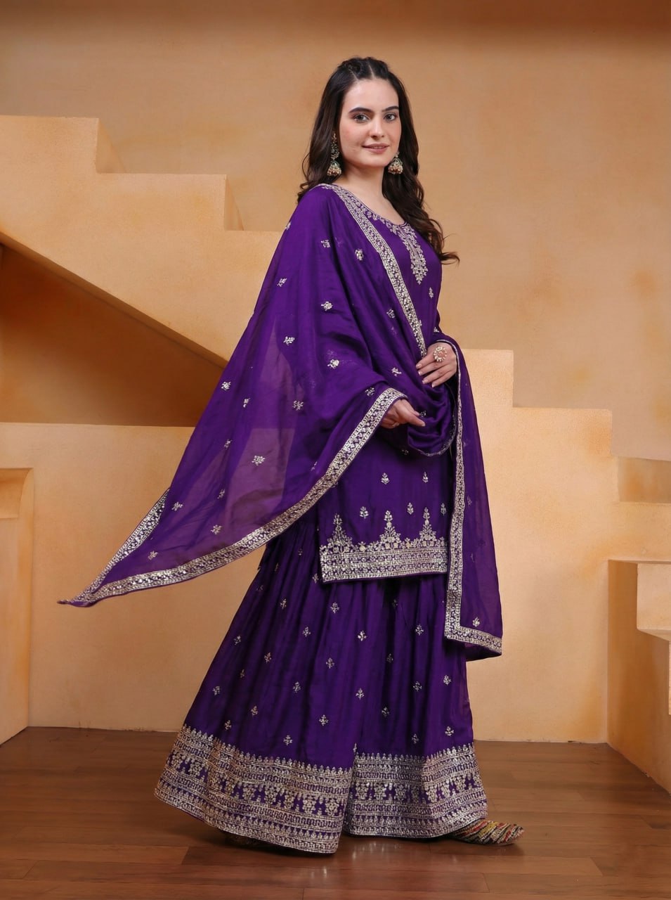 Lehenga Mart Designer Chinnon Embroidered Sharara Suit-Blue - Distacart