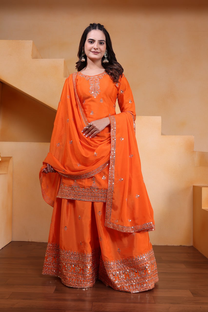 Lehenga Mart Designer Chinnon Embroidered Sharara Suit-Orange - Distacart