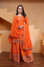 Lehenga Mart Designer Chinnon Embroidered Sharara Suit-Orange - Distacart