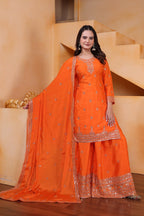 Lehenga Mart Designer Chinnon Embroidered Sharara Suit-Orange - Distacart
