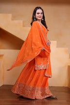 Lehenga Mart Designer Chinnon Embroidered Sharara Suit-Orange - Distacart
