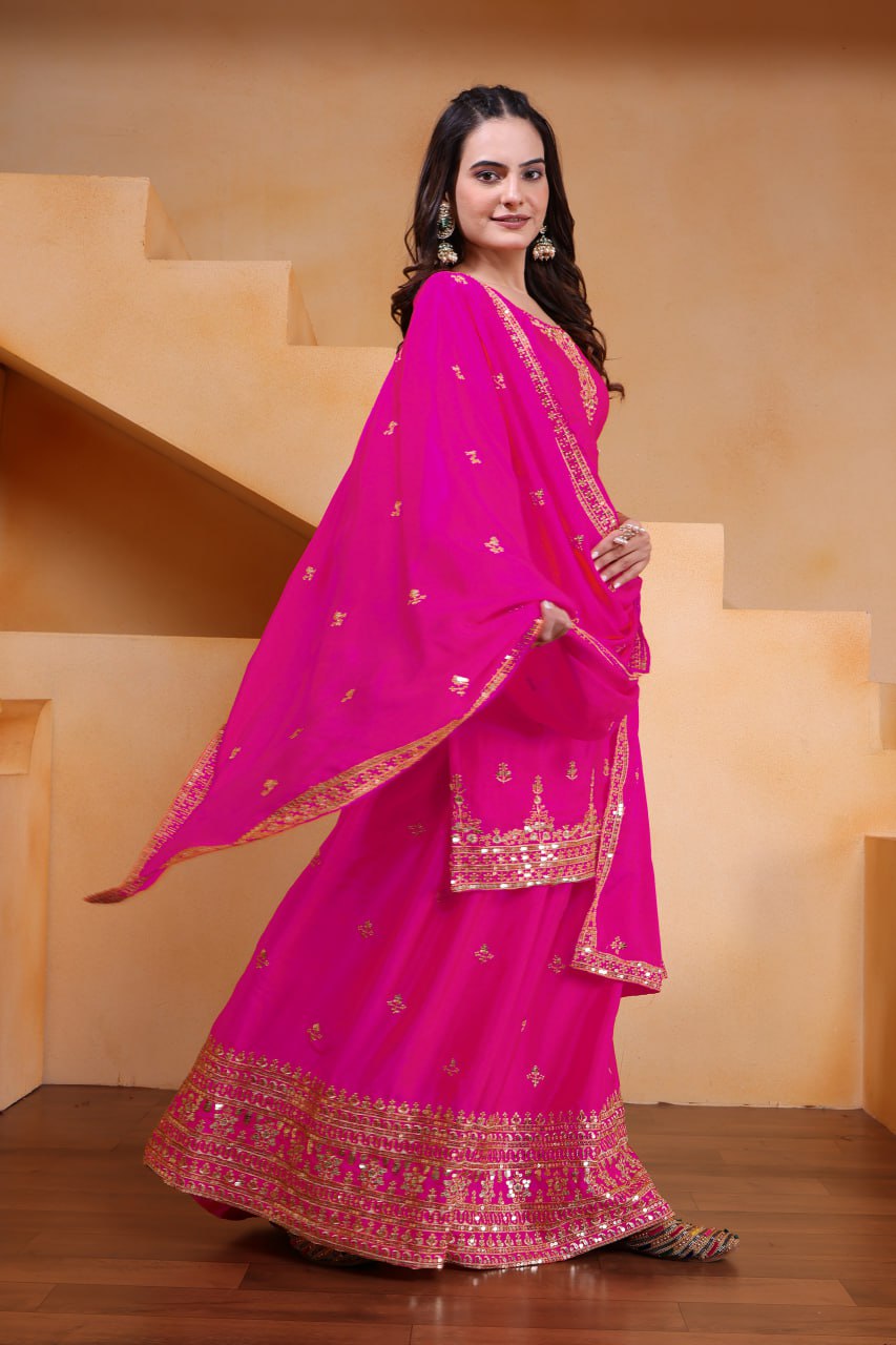 Lehenga Mart Designer Chinnon Embroidered Sharara Suit-Pink - Distacart