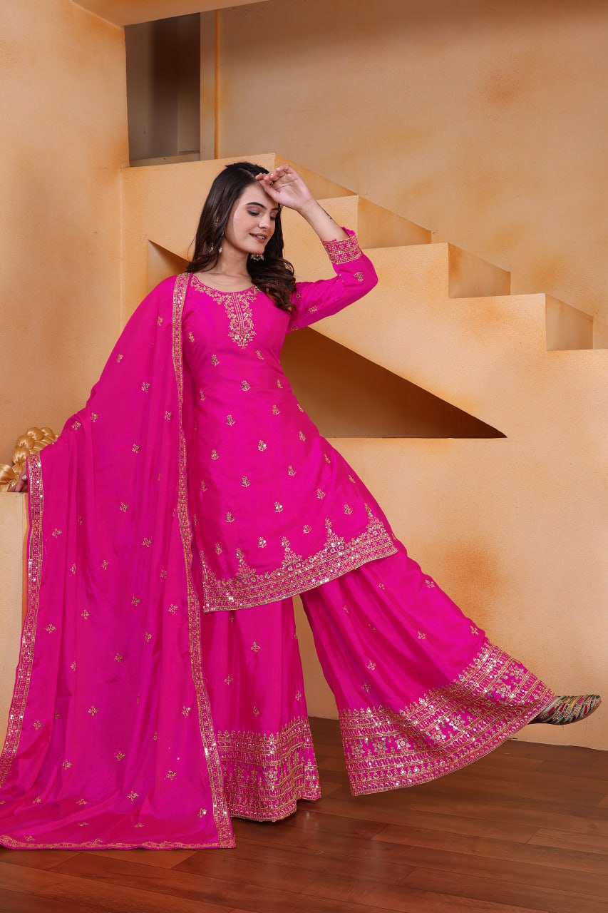 Lehenga Mart Designer Chinnon Embroidered Sharara Suit-Pink - Distacart