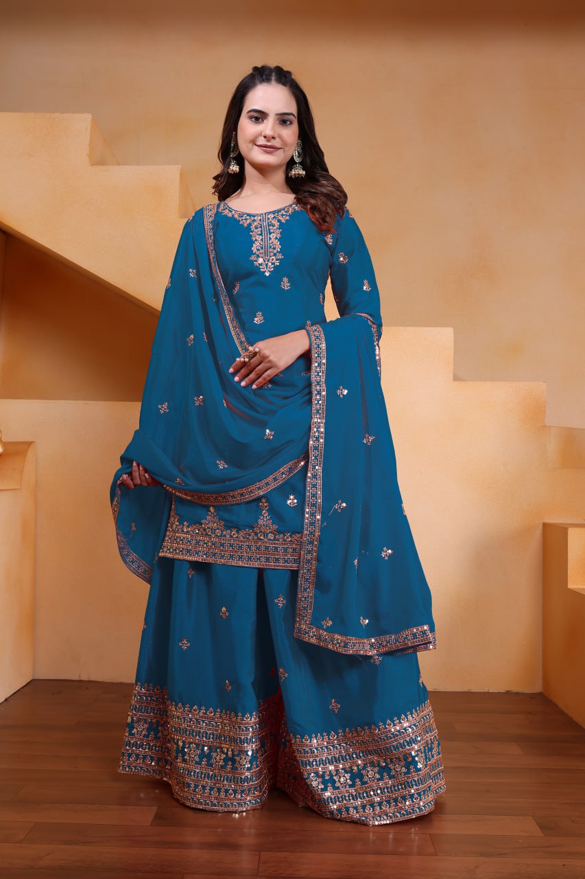 Lehenga Mart Designer Chinnon Embroidered Sharara Suit-Rama - Distacart