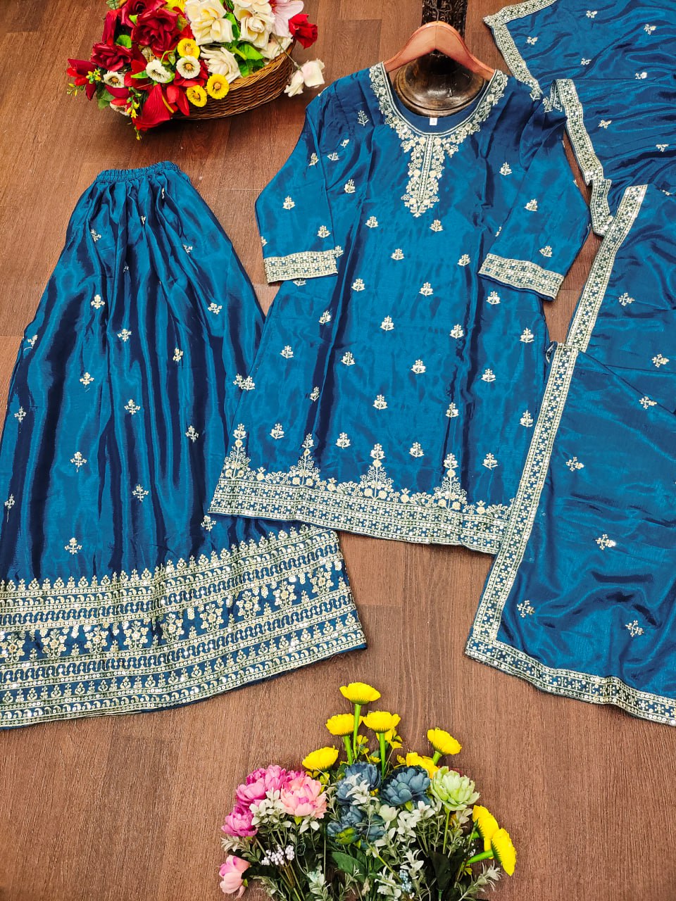 Prazu Fashion Firozi Chinon Silk Sequin Embroidered Sharara Suit - Distacart