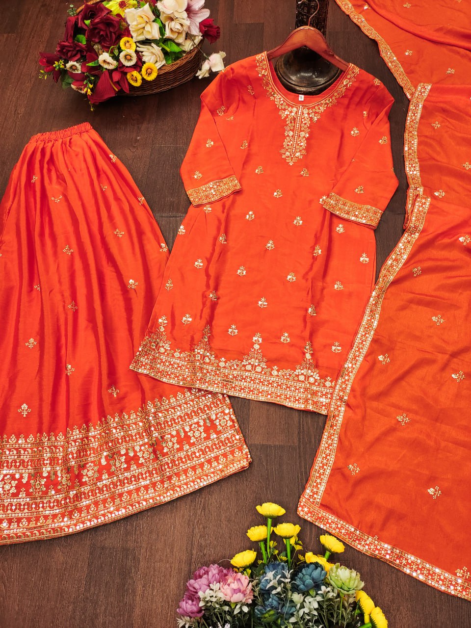 Prazu Fashion Orange Chinon Silk Sequin Embroidered Sharara Suit - Distacart