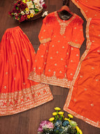 Prazu Fashion Orange Chinon Silk Sequin Embroidered Sharara Suit - Distacart