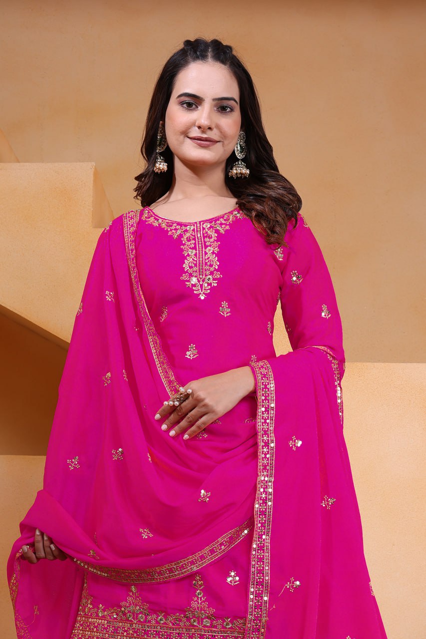 Prazu Fashion Pink Chinon Silk Sequin Embroidered Sharara Suit - Distacart