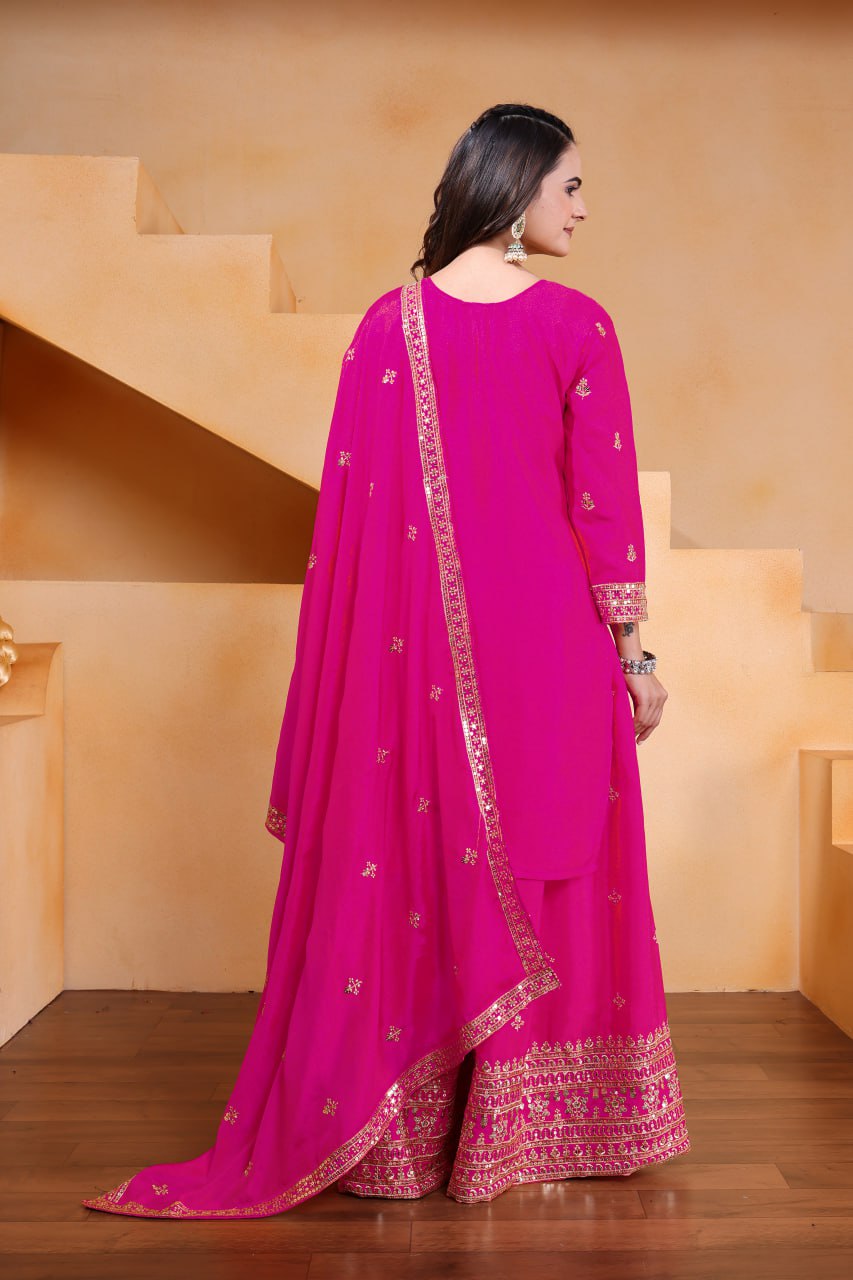 Prazu Fashion Pink Chinon Silk Sequin Embroidered Sharara Suit - Distacart