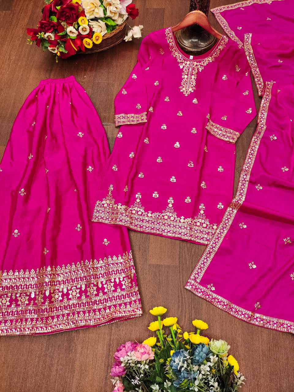 Prazu Fashion Pink Chinon Silk Sequin Embroidered Sharara Suit - Distacart