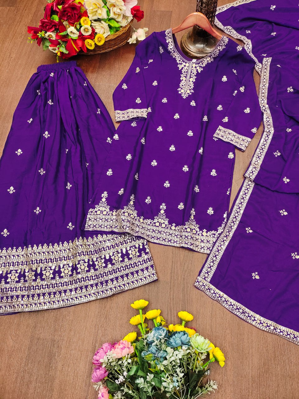 Prazu Fashion Royal Purple Chinon Silk Sequin Embroidered Sharara Suit - Distacart