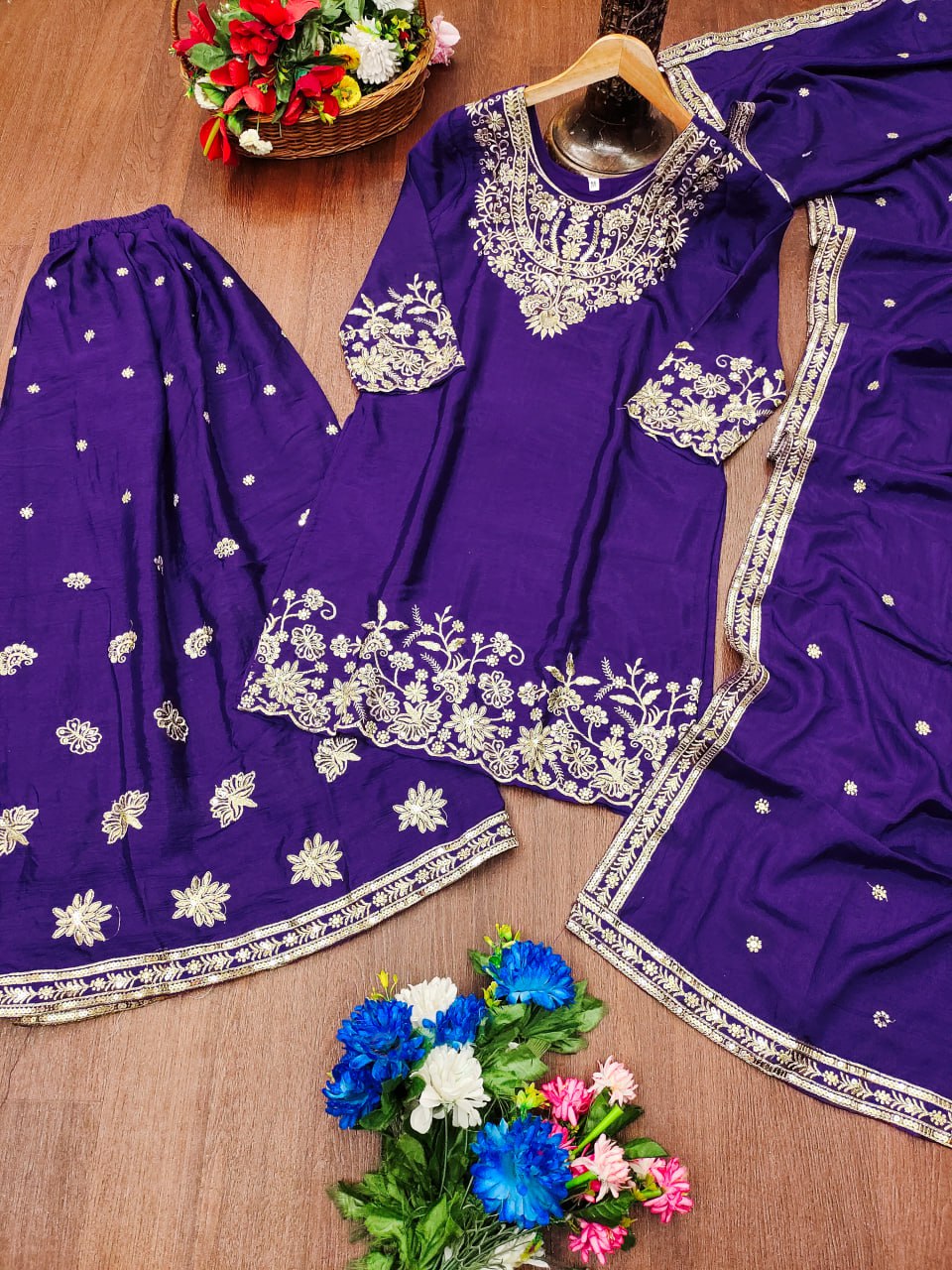 Prazu Fashion Royal Purple Chinon Silk Sequin Embroidered Sharara Suit - Distacart