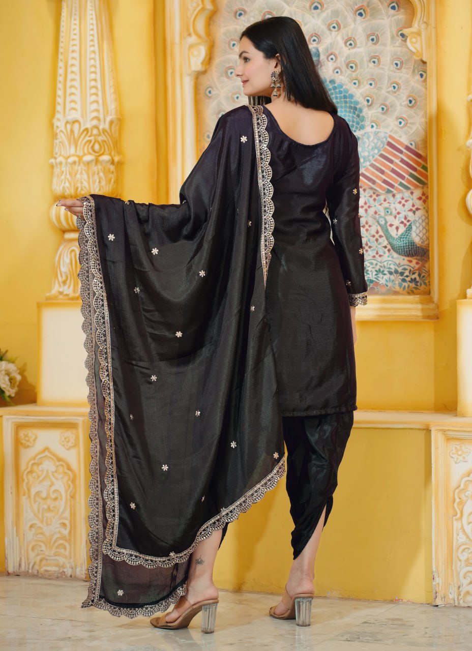 Teeya Creation Black Color Chinnon Silk Heavy Embroidery Work Fully Stitched Dhoti Suit