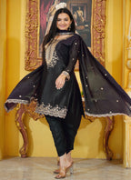 Teeya Creation Black Color Chinnon Silk Heavy Embroidery Work Fully Stitched Dhoti Suit