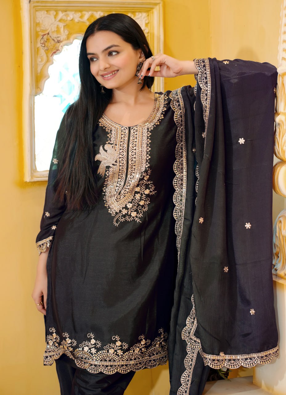 Teeya Creation Black Color Chinnon Silk Heavy Embroidery Work Fully Stitched Dhoti Suit