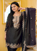 Teeya Creation Black Color Chinnon Silk Heavy Embroidery Work Fully Stitched Dhoti Suit